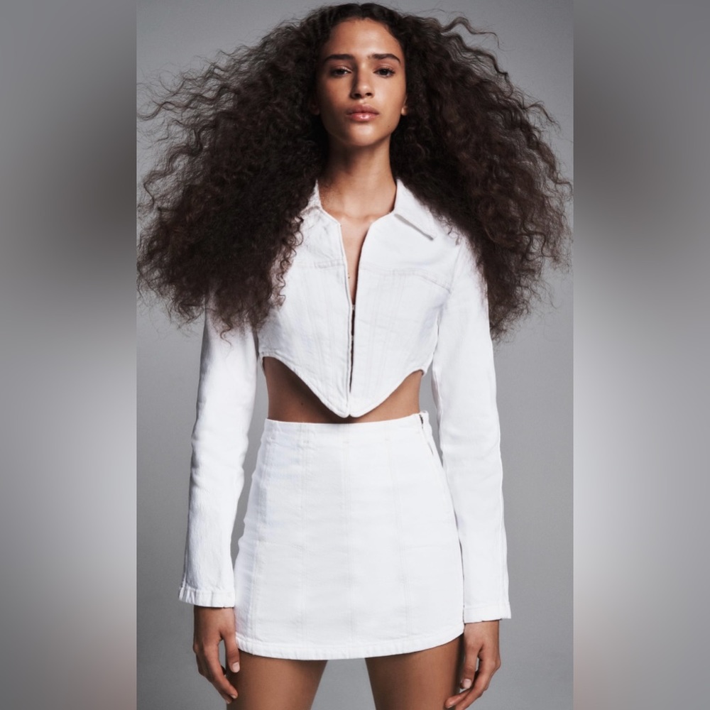 Zara White Denim Jacket and Skirt Set